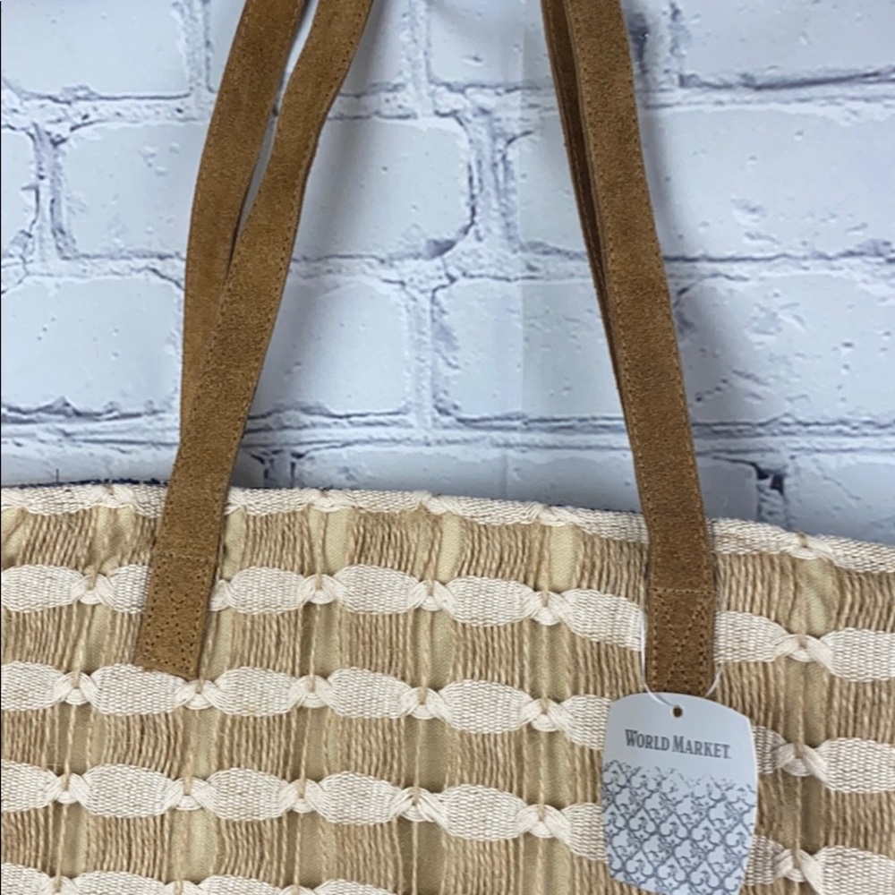 World Market Embroidered Jute , canvas with leather handles Reusable Tote - Picture 3 of 5